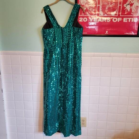 Vintage 80s Teal Sequin Embellished Sleeveless V Neck Mermaid Maxi Dress - Picture 8 of 16